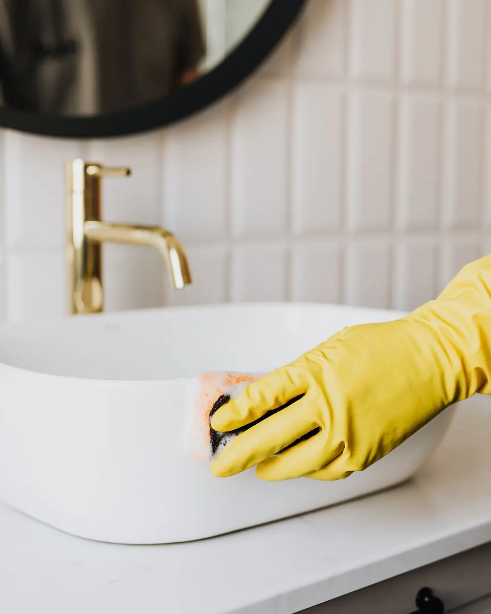 Ev temizliğinde banyo lavabosu ve bataryanın kireç çözücüyle temizlenmesi.